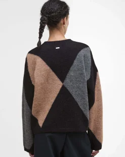 Maglia nera Babour in misto lana a motivo a rombi grigi e color cammello con scollo tondo