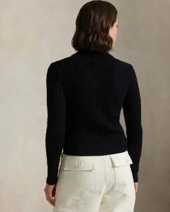 Maglia nera in cotone a trecce Polo Ralph Lauren con colletto a camicia e chiusura a bottoni