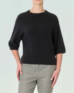 Maglia nera in misto alpaca con scollo tondo e maniche ampie a tre quarti
