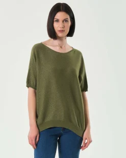Maglia over verde militare in misto viscosa con inserti in lurex oro e maniche al gomito