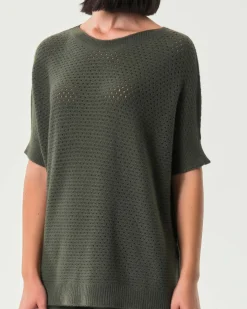 Maglia over verde militare Hlo! a maniche corte in misto viscosa a lavorazione a rete all over