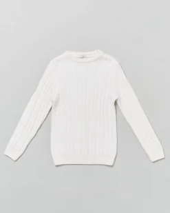 Maglia panna girocollo in pura lana merino con lavorazione a trecce