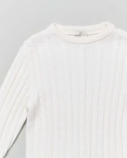 Maglia panna girocollo in pura lana merino con lavorazione a trecce