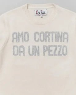Maglia panna MC2 Saint Barth in misto lana e cashmere con scritta 'Amo Cortina da un pezzo'