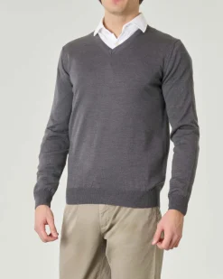 Maglia Pellizzari con scollo a V grigio medio in pura lana merino