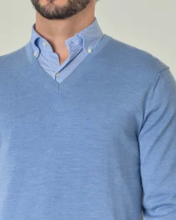 Maglia Pellizzari con scollo a V azzurra in pura lana merino