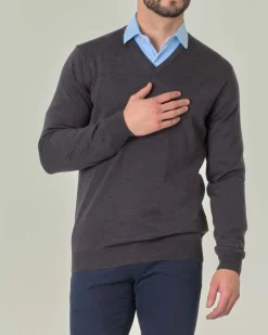 Maglia Pellizzari con scollo a V grigio antracite in pura lana merino
