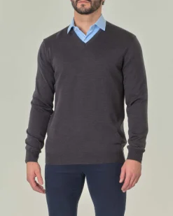 Maglia Pellizzari con scollo a V grigio antracite in pura lana merino