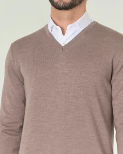 Maglia Pellizzari con scollo a V color tortora in pura lana merino