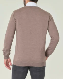 Maglia Pellizzari con scollo a V color tortora in pura lana merino