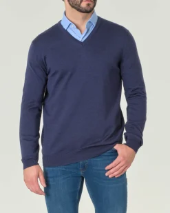 Maglia Pellizzari con scollo a V blu melange in pura lana merino
