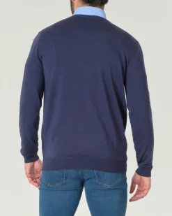 Maglia Pellizzari con scollo a V blu melange in pura lana merino