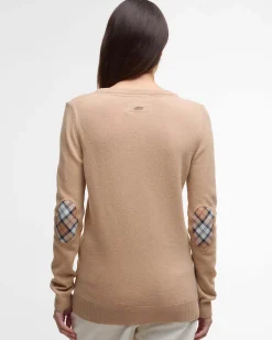 Maglia Pendle Barbour color cammello in lana e cotone con scollo a giro e toppe sui gomiti a fantasia tartan a contrasto
