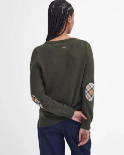Maglia Pendle Barbour verde in lana e cotone con scollo a giro e toppe sui gomiti a fantasia tartan a contrasto