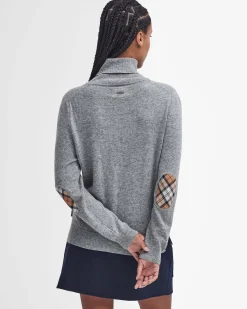 Maglia Pendle Roll Barbour grigia a collo alto in lana e cotone con toppe sui gomiti a fantasia tartan a contrasto