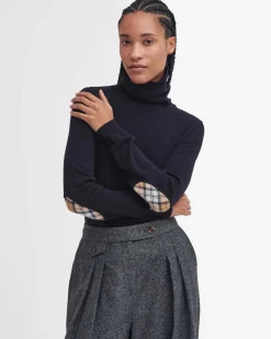 Maglia Pendle Roll Barbour nera a collo alto in lana e cotone con toppe sui gomiti a fantasia tartan a contrasto