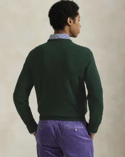 Maglia Polo Ralph Lauren verde in pura lana con scollo a giro e logo pony in tono ricamato sul petto
