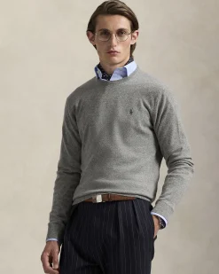 Maglia Polo Ralph Lauren grigia in pura lana con scollo a giro e logo pony in tono ricamato sul petto