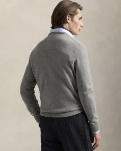Maglia Polo Ralph Lauren grigia in pura lana con scollo a giro e logo pony in tono ricamato sul petto