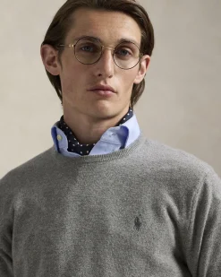 Maglia Polo Ralph Lauren grigia in pura lana con scollo a giro e logo pony in tono ricamato sul petto
