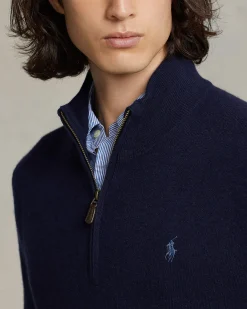 Maglia Polo Ralph Lauren blu in pura lana con apertura a mezza zip e logo pony in tono sul petto