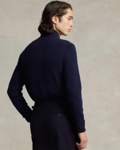Maglia Polo Ralph Lauren blu in pura lana con apertura a mezza zip e logo pony in tono sul petto