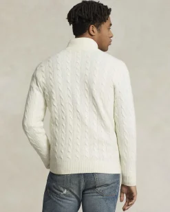 Maglia Polo Ralph Lauren panna in lana e cashmere lavorata a trecce con apertura a mezza zip