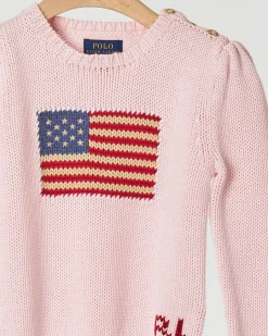 Maglia Polo Ralph Lauren rosa girocollo in cotone con bandiera USA