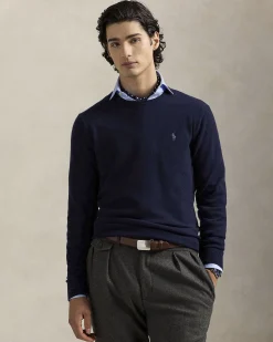 Maglia Polo Ralph Lauren blu in pura lana con scollo a giro e logo pony in tono ricamato sul petto