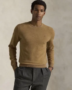 Maglia Polo Ralph Lauren cammello in pura lana con scollo a giro e logo pony in tono ricamato sul petto