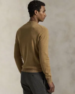 Maglia Polo Ralph Lauren cammello in pura lana con scollo a giro e logo pony in tono ricamato sul petto