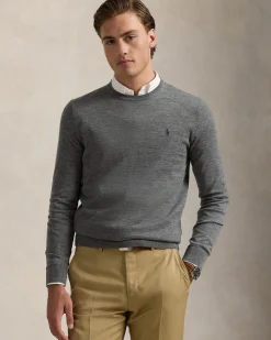 Maglia Polo Ralph Lauren grigia girocollo in pura lana merino con logo pony ricamato in tono sul petto