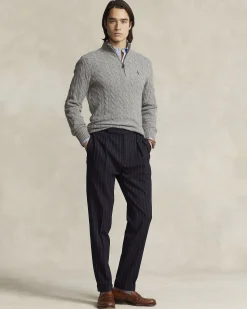 Maglia Polo Ralph Lauren grigia in lana e cashmere lavorata a trecce con apertura a mezza zip