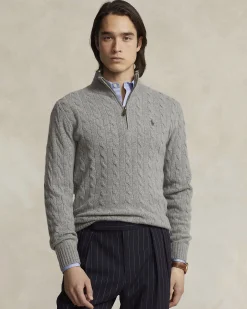 Maglia Polo Ralph Lauren grigia in lana e cashmere lavorata a trecce con apertura a mezza zip