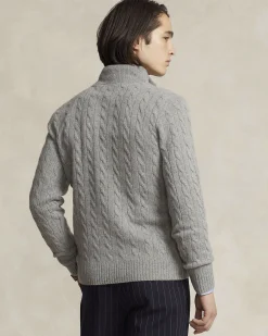 Maglia Polo Ralph Lauren grigia in lana e cashmere lavorata a trecce con apertura a mezza zip