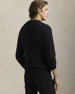 Maglia Polo Ralph Lauren nera in pura lana con scollo a giro e logo pony in tono ricamato sul petto