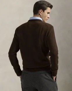 Maglia Polo Ralph Lauren marrone in pura lana con scollo a giro e logo pony in tono ricamato sul petto