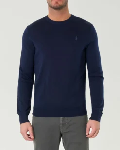 Maglia Polo Ralph Lauren blu girocollo in pura lana merino con logo pony ricamato in tono sul petto