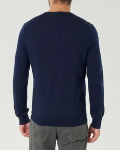 Maglia Polo Ralph Lauren blu girocollo in pura lana merino con logo pony ricamato in tono sul petto