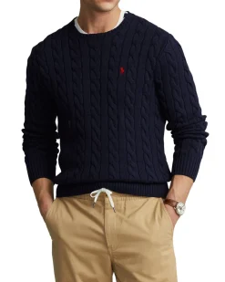 Maglia Polo Ralph Lauren blu in puro cotone a trecce con logo pony rosso ricamato sul petto