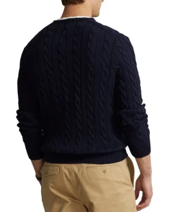 Maglia Polo Ralph Lauren blu in puro cotone a trecce con logo pony rosso ricamato sul petto