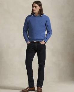 Maglia Polo Ralph Lauren celeste in pura lana con scollo a giro e logo pony in tono ricamato sul petto