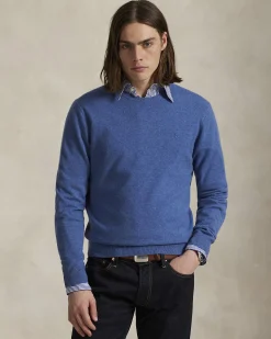Maglia Polo Ralph Lauren celeste in pura lana con scollo a giro e logo pony in tono ricamato sul petto