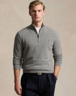 Maglia Polo Ralph Lauren grigia in pura lana con apertura a mezza zip e logo pony in tono sul petto