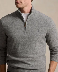 Maglia Polo Ralph Lauren grigia in pura lana con apertura a mezza zip e logo pony in tono sul petto