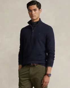 Maglia Polo Ralph Lauren blu in puro cotone a nido d'ape con apertura zip