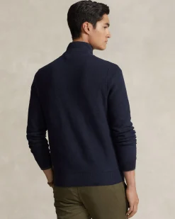 Maglia Polo Ralph Lauren blu in puro cotone a nido d'ape con apertura zip
