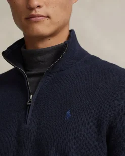 Maglia Polo Ralph Lauren blu in puro cotone a nido d'ape con apertura zip