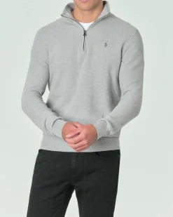 Maglia Polo Ralph Lauren grigia in puro cotone a nido d'ape con apertura zip