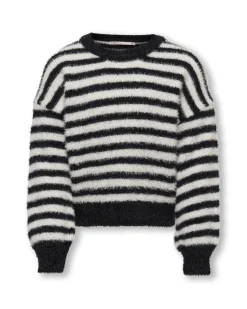 Maglia relaxed in punto pelliccia a fantasia rigata nera e bianca con maniche bishop